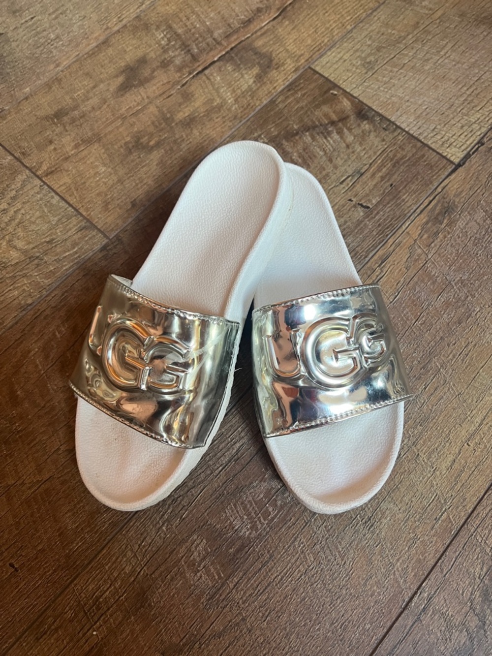 UGG Metallic Gold Slide Sandals with White Footbed